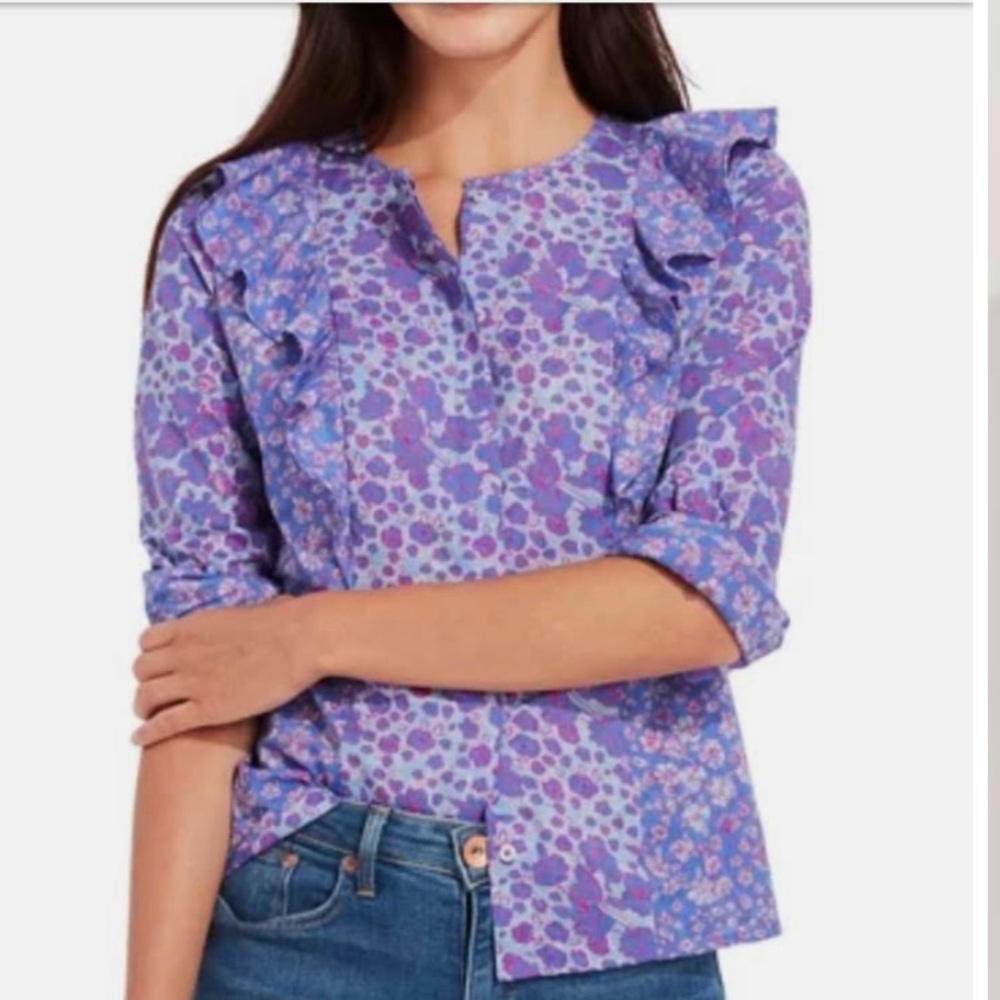 Vineyard Vines Floral Print Ruffle Button-Front Top Purple Size 6